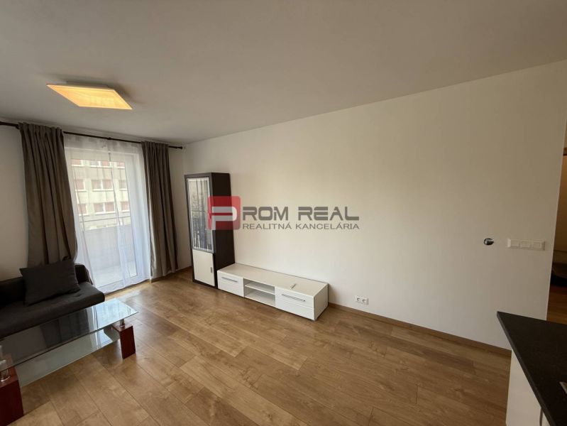 Living room in a two-room apartment with a wooden decor floor and a large window.