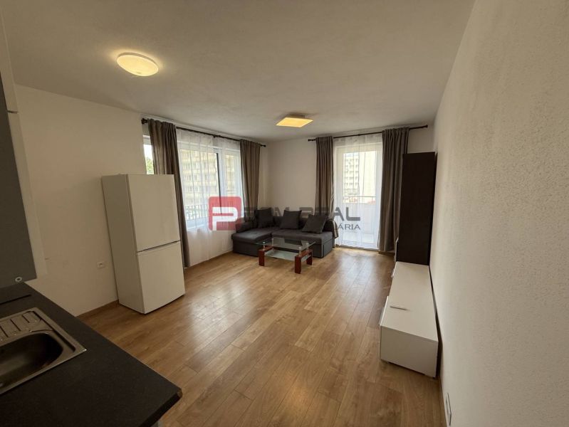 Living room with a sofa, wooden decor flooring, and a kitchenette in a two-room apartment.