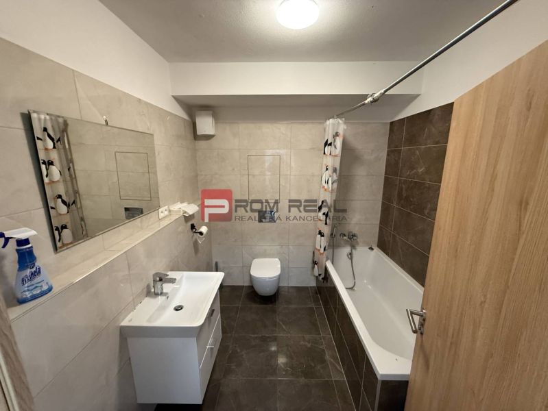 Bathroom with a shower, sink, and window in a 2-room apartment.