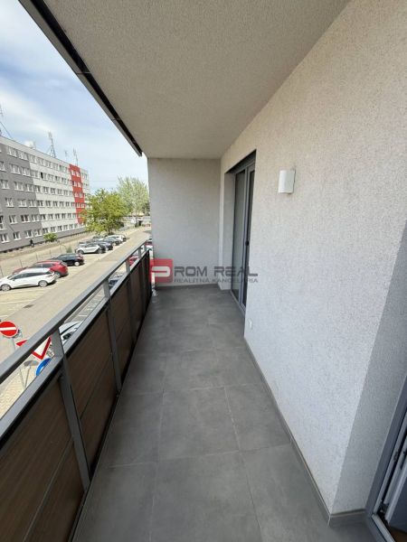 A balcony with a view of Galvaniho Street in Bratislava II, at a 2-room apartment.