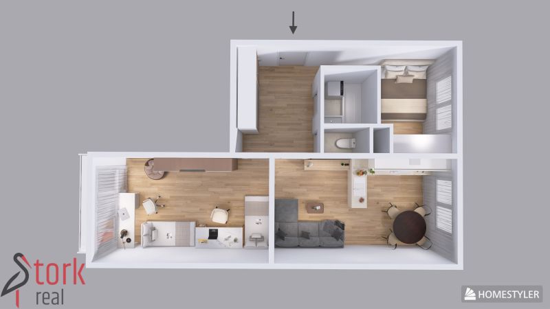 Floor plan of a 3-room apartment with wood-patterned flooring and an open living space.