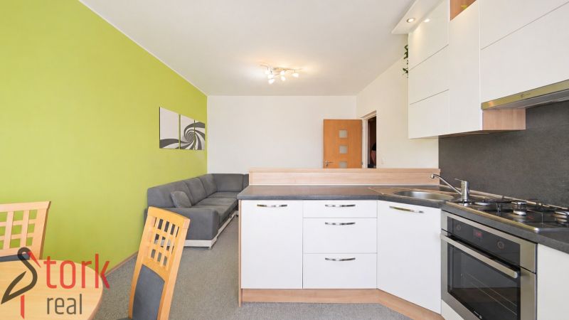 A kitchen in a 3-room apartment with a colored wall, kitchen unit, and sofa.