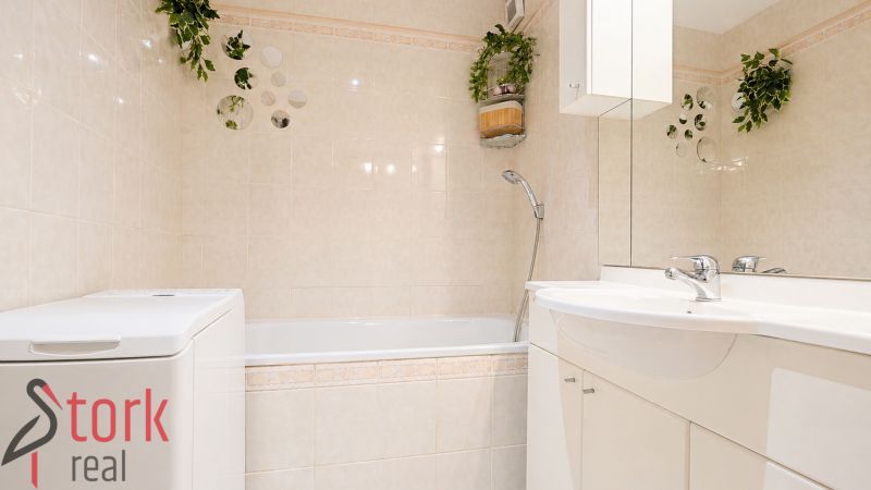 A bathroom in a 3-room apartment with a bathtub and a washing machine, complemented by decorative plants.