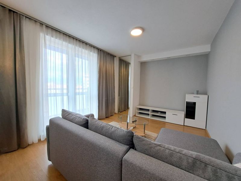Living room in a three-room apartment with a wooden decor floor and a gray sofa.