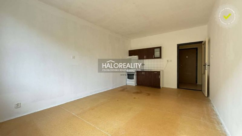 Studio apartment with a kitchen, light floor with a wood design, simple furnishings.