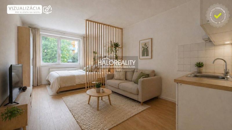 A studio apartment with a wooden floor, a kitchen, a living room, and a bed separated by a decorative partition.