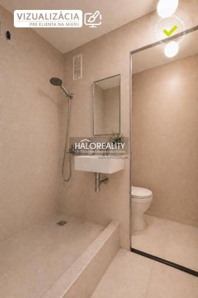 A bathroom in a studio apartment with a simple shower and a sink.