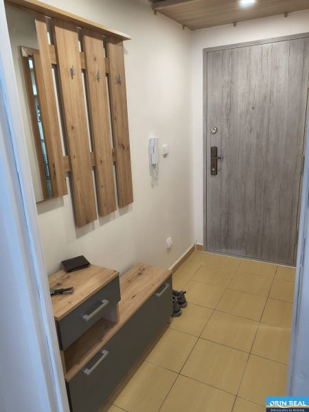 The entrance hall of a studio apartment with coat hooks, a shoe cabinet, and gray doors.