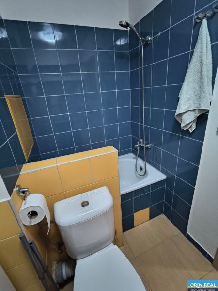 A bathroom in a studio apartment with colorful tiles and a shower corner.