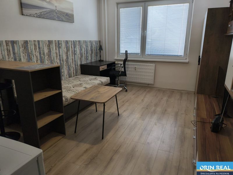 Studio apartment with wood-decor flooring, a desk, and a sofa.