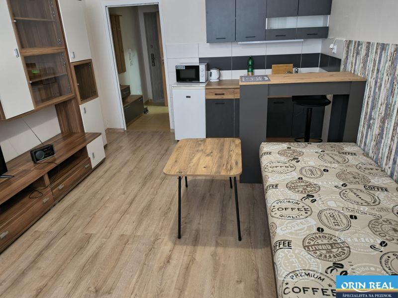 A studio apartment with a wood-patterned floor, a kitchenette, and a sofa in a cozy interior.