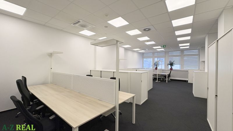 Offices with wood-patterned flooring and work desks separated by partitions.