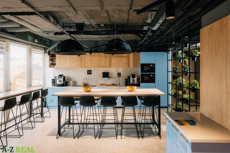 Offices with a large table, high chairs, plants, and a kitchenette.