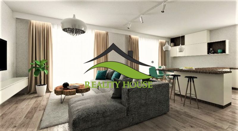 Living room in a family house with a wooden decor floor and stylish seating.