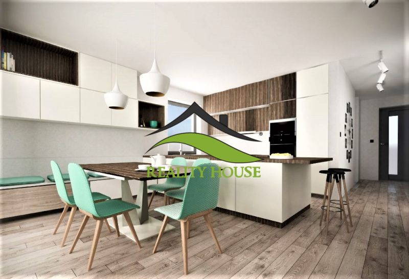 A kitchen in a family house with a wooden decor floor and turquoise chairs.