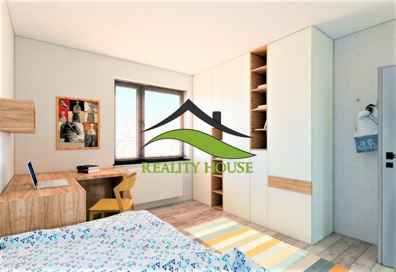 Children's room in a family house with a built-in wardrobe and a wooden decor floor.