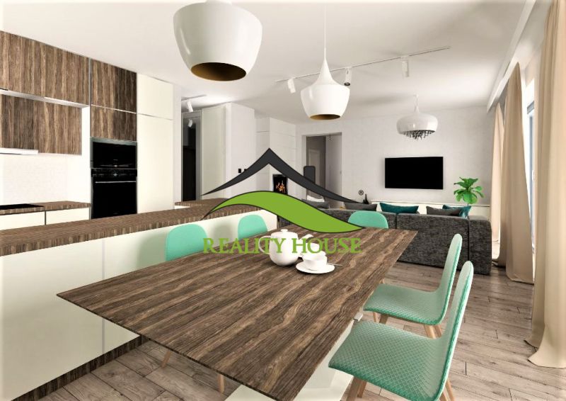 A kitchen in a family house with a wooden decor floor and light chairs.
