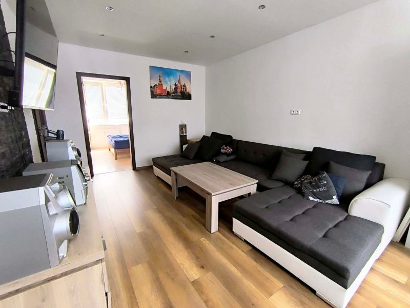 Living room in a 3-room apartment with a sofa and a wooden-patterned floor.