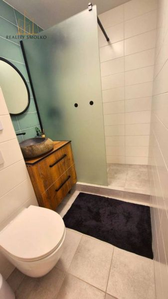 Bathroom with a shower, a stone basin sink, a black carpet, 3-room apartment.