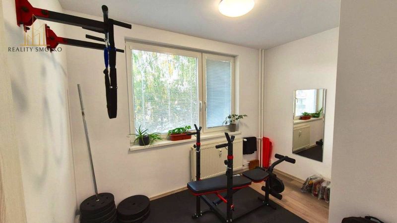 A home gym in a 3-room apartment with exercise equipment, a mirror, and plants on the windowsill.
