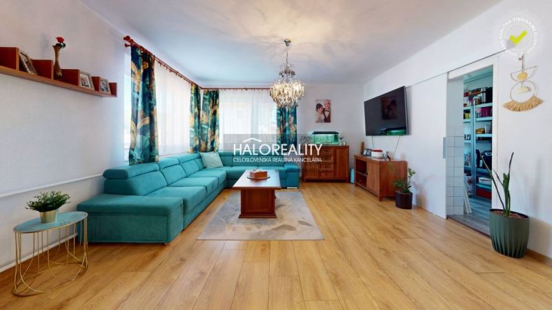 Living room in a family house with a wooden decor floor and a turquoise sofa.