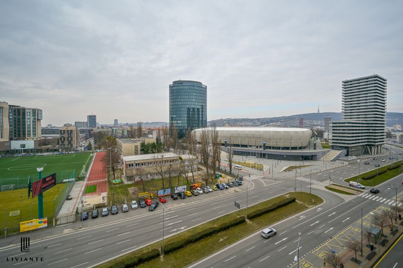 View from Bajkalská Street in Bratislava, where you can see the stadium, roads, and buildings.