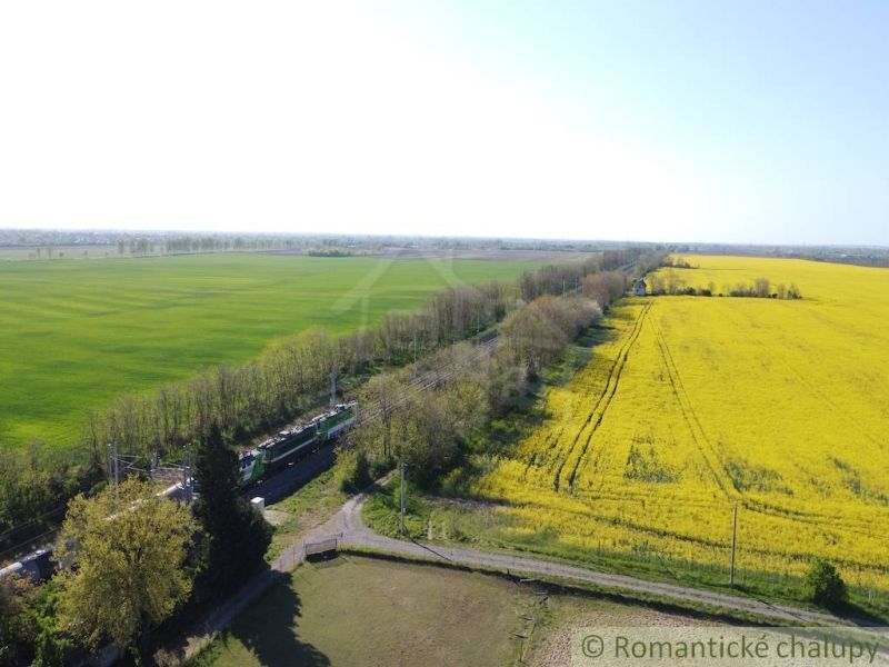 Yellow fields and green meadows near the railway track in Palárikovo. Residential plots.