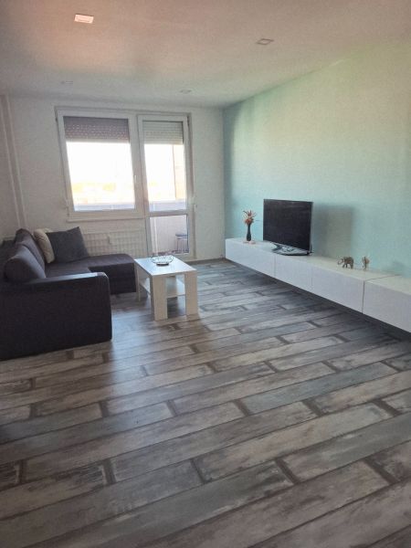Living room in a 3-room apartment with a sofa and a wooden decor floor.