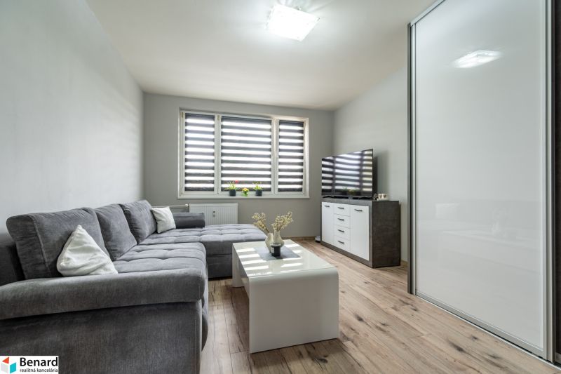 Living room in a 2-room apartment with a sofa, table, and television on a floor with a wooden decor.