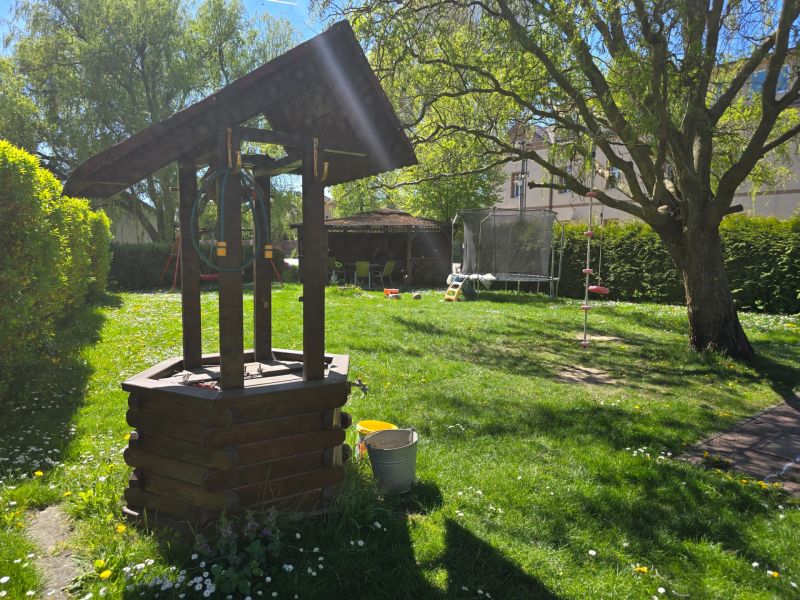 A garden with a wooden well, a trampoline, and a swing rope under a tree.