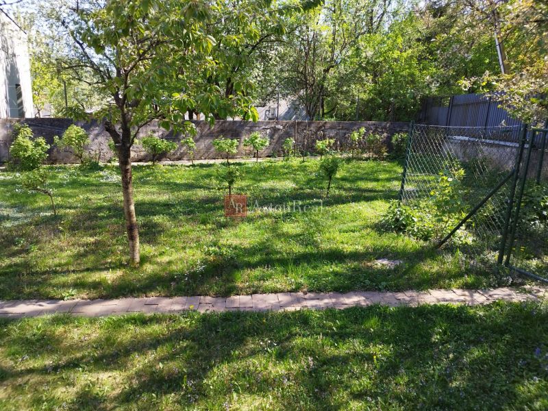 Garden at a family house on Komenského Street in Banská Bystrica with a lawn and trees.