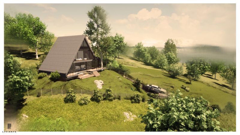 A cottage in Podhradí amidst forests and meadows with a car by the fence.