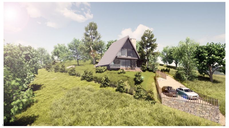 A cottage in Podhradí surrounded by greenery and trees, with space for parking cars.