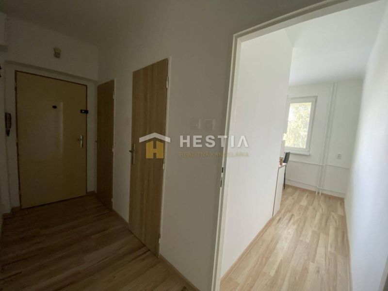 Entrance hallway in a 2-room apartment with a wooden decor floor.