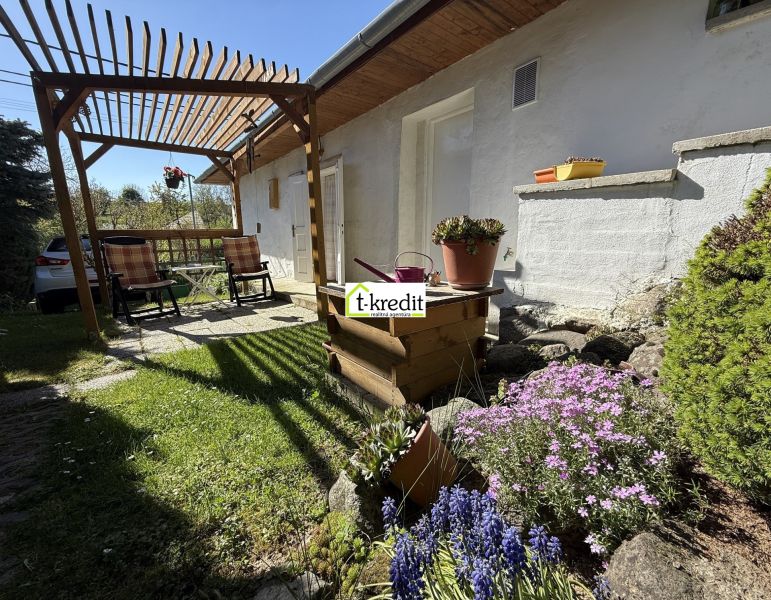 The garden of a family house in Čaradice with a pergola and blooming flowers.