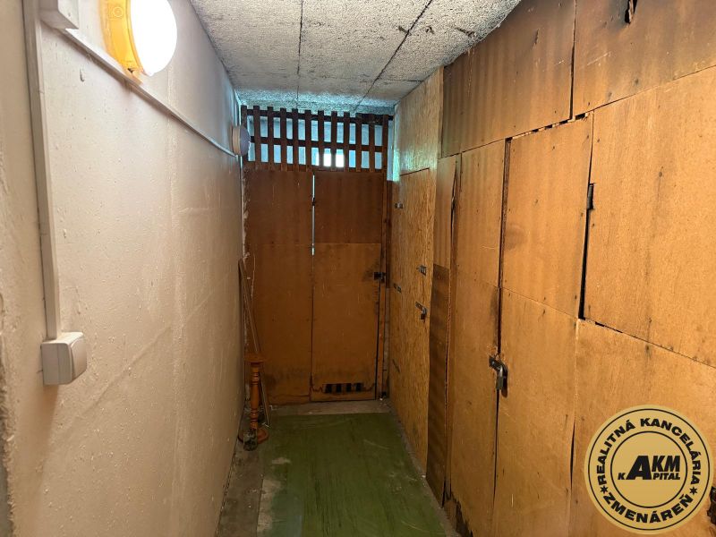 A narrow basement space with wooden doors and lighting.