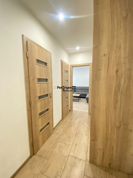 A hallway in a 2-room apartment with a wooden floor and doors.