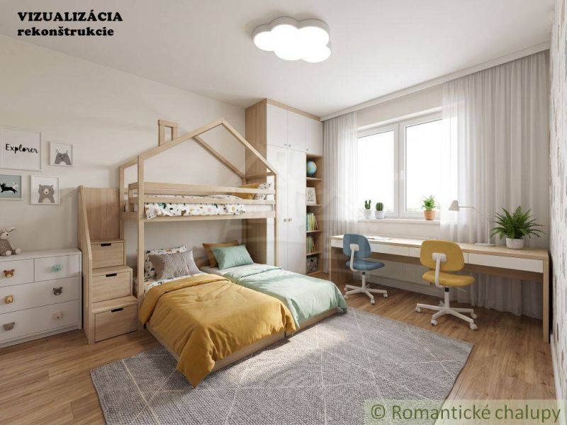 Children's room in a family house with a bunk bed, a desk, and a floor with a wooden decor.