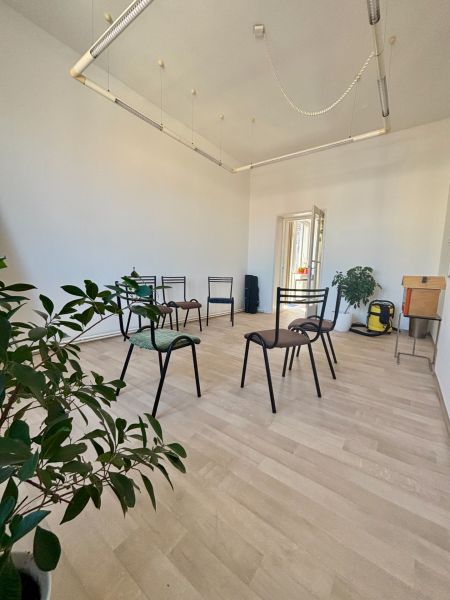 Offices with wood-patterned flooring and chairs, houseplants.
