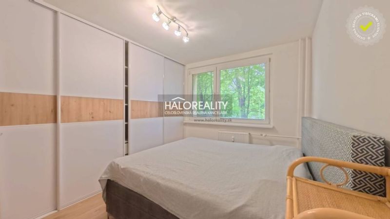 A bedroom in a two-room apartment with sliding wardrobes and a window overlooking greenery.