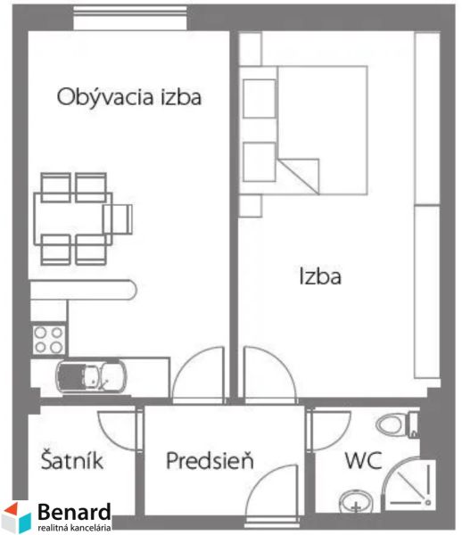 Floor plan of a 2-room apartment with a walk-in closet, living room, and separate toilet.