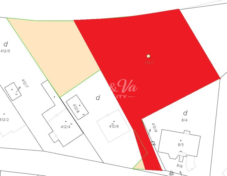 Cadastral map of residential plots in Pozba with the parcel marked.