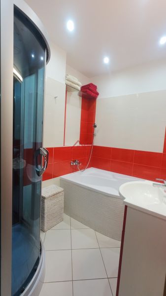 Bathroom with a bathtub and a shower in a 2-room apartment, red tiles.