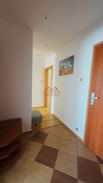 A hallway in a 2-room apartment with tiles and a picture on the wall.