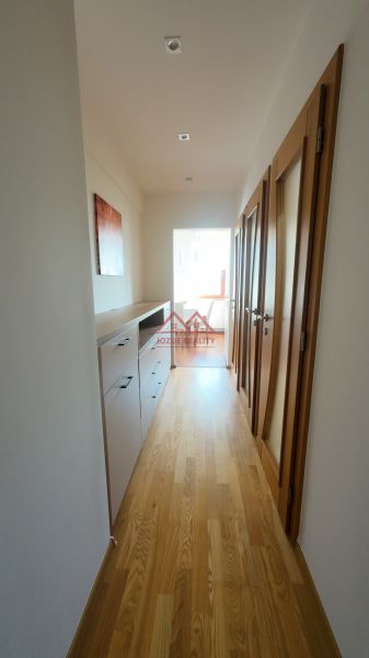 A hallway in a 2-room apartment with a wooden decor floor and white walls.