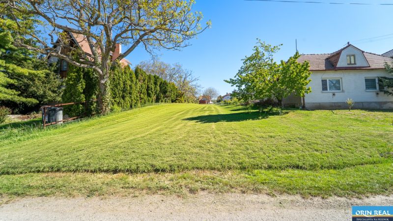 A spacious lawn with a house and trees on Nová Street in Viničné, residential plots.