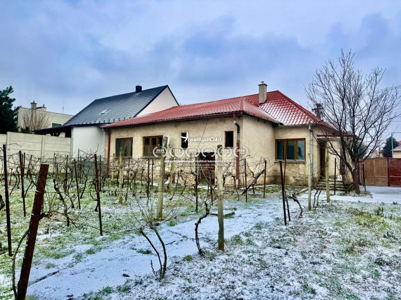 A family house in Dvorníky with a vineyard, partially covered with light snow.