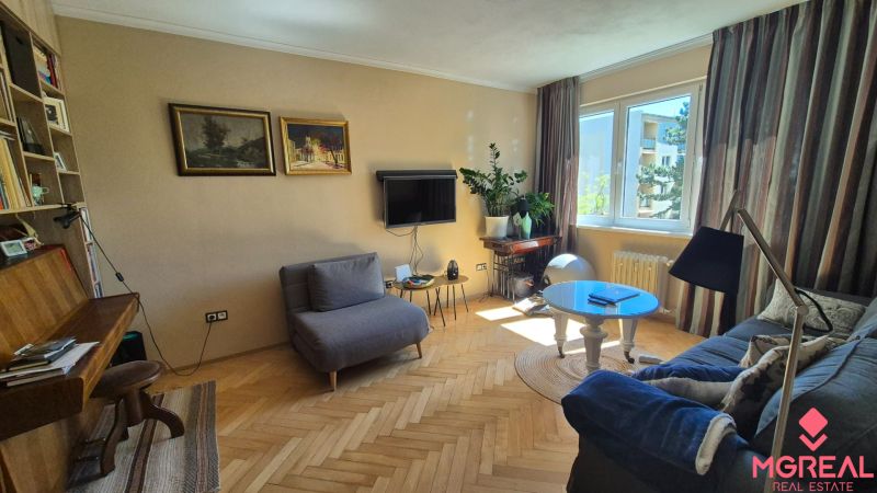 Living room in a 2-room apartment with a wooden decor floor, a sofa, and a television.