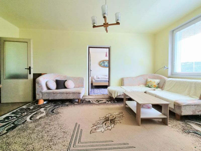 Living room with a sofa, coffee table, and large carpet in a 3-room apartment.