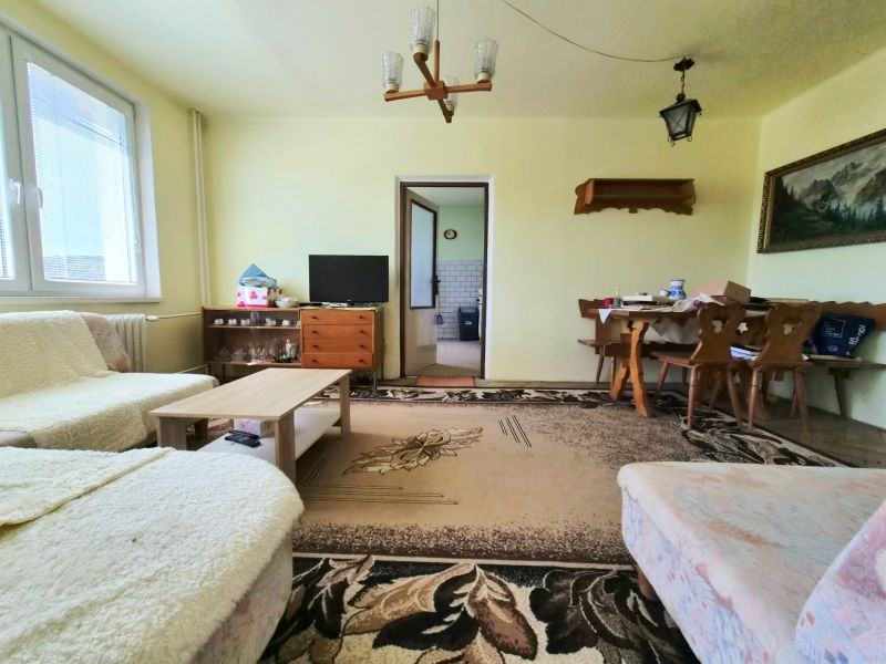 Living room in a 3-room apartment with carpets, a sofa, and a table next to the kitchen.
